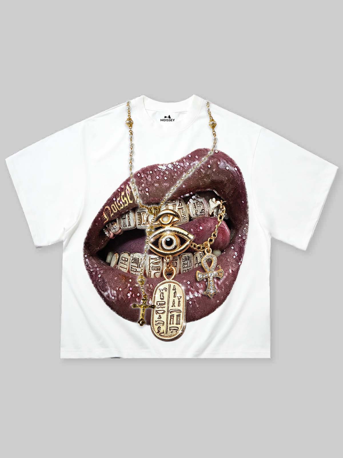 NOISSEY "The Golden Oracle" Wet-Gloss Lips Pharaonic Hieroglyphic Grills Oversized Tee