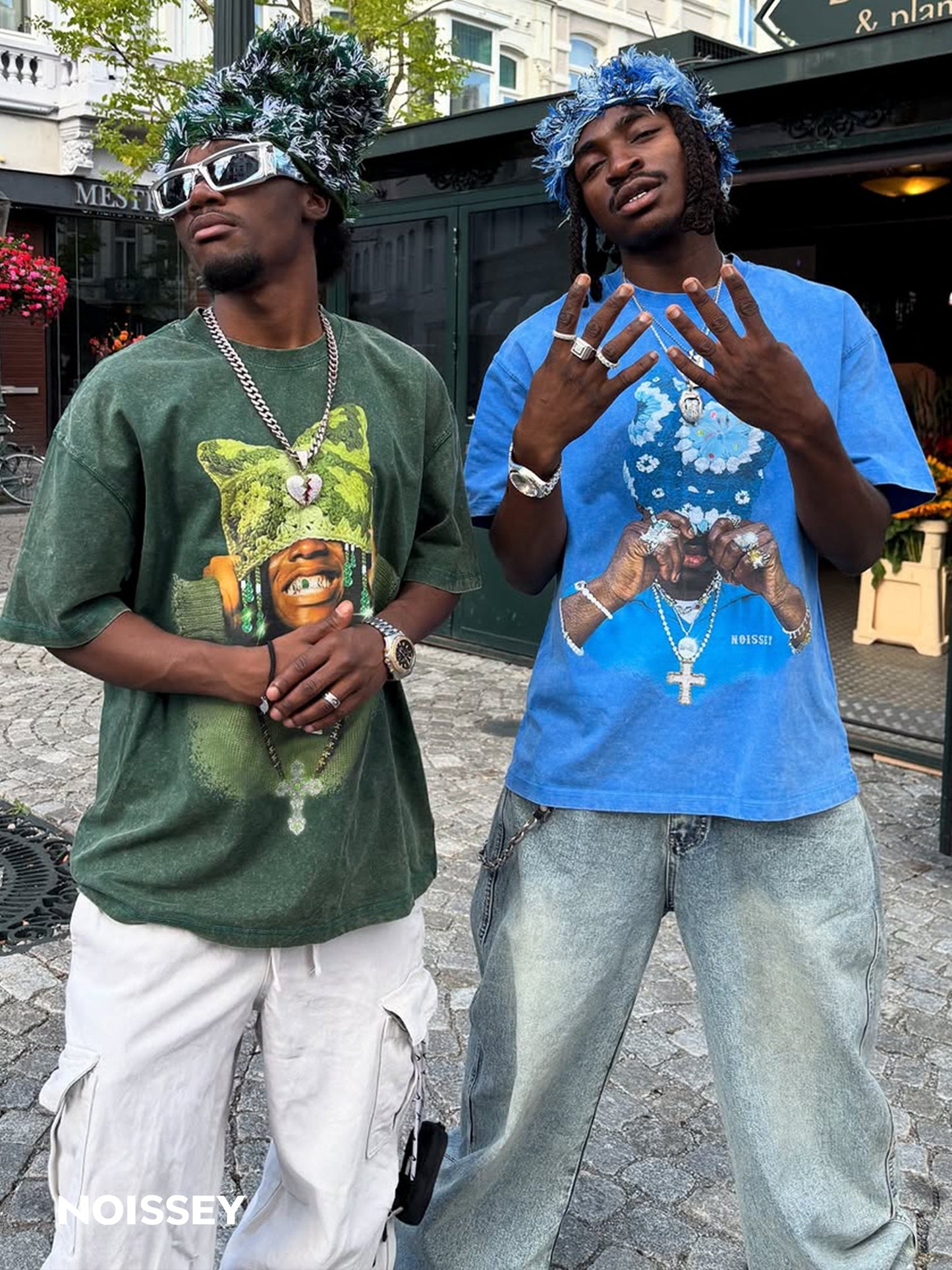 Sapphire Blue Knit Hat Wash Blue Print T-shirt