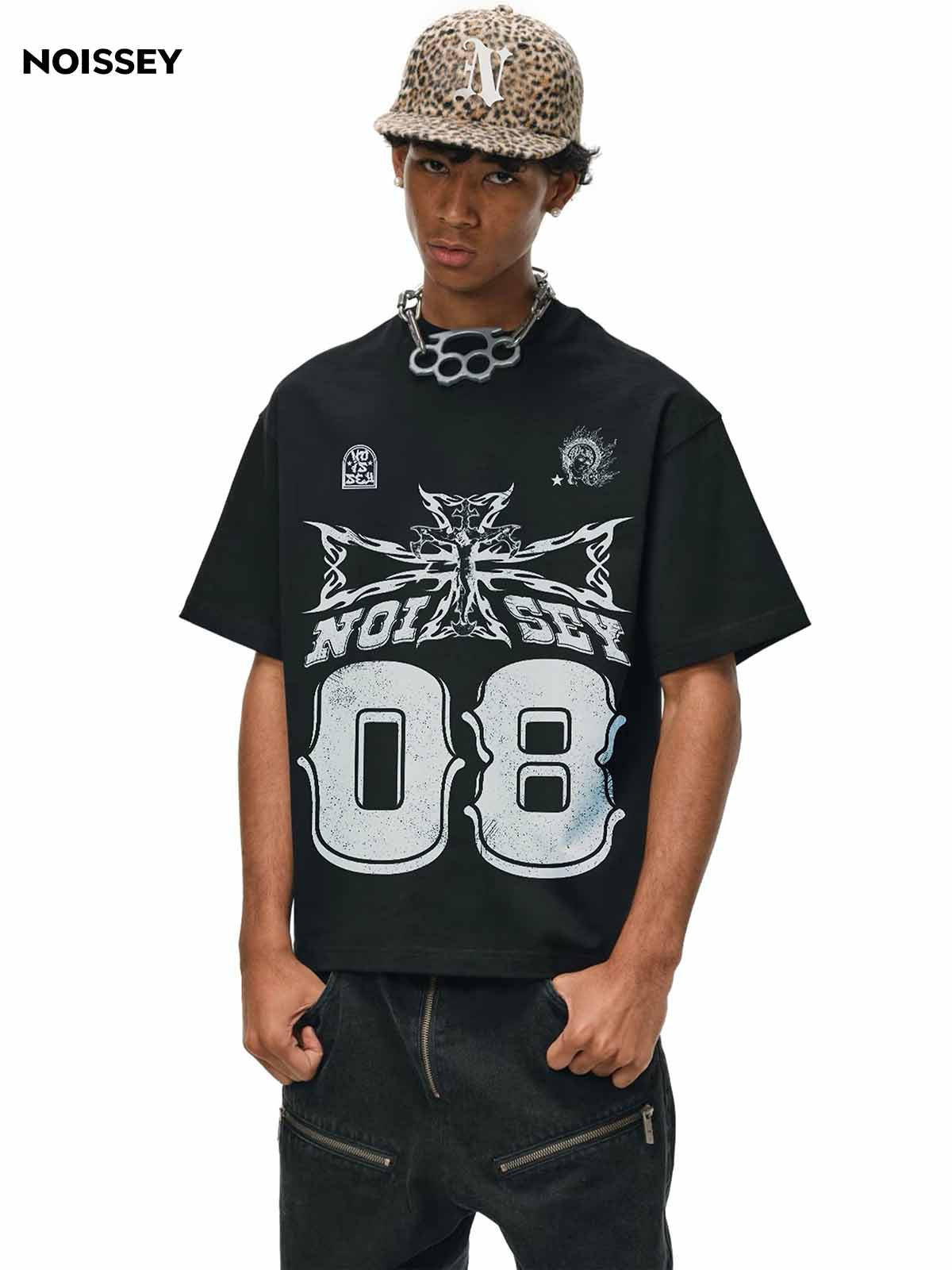 08 Street Flame Cross Black Wash Print T-shirt