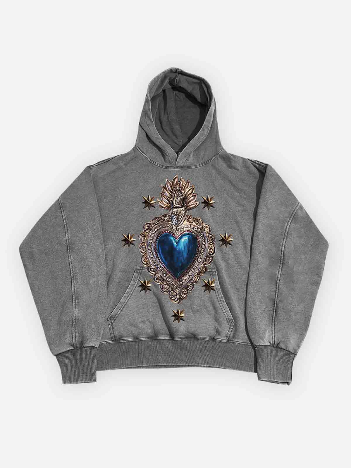 Blue Sacred Tin Heart Print 350g Washed Hoodie