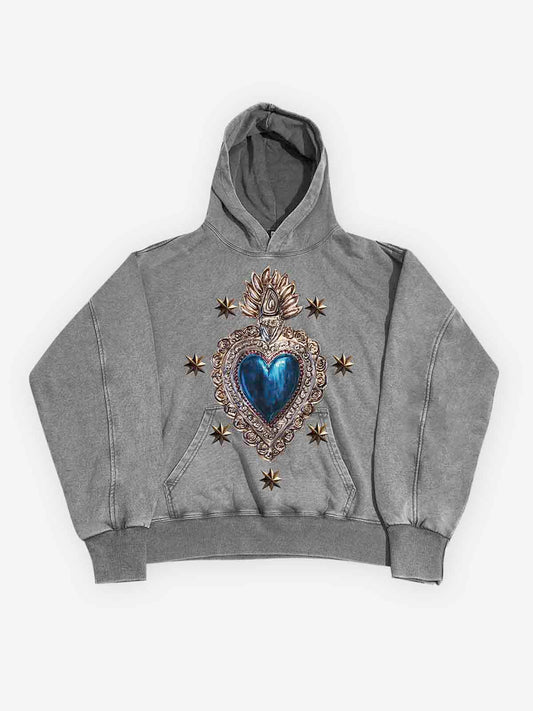 Blue Sacred Tin Heart Print 350g Washed Hoodie