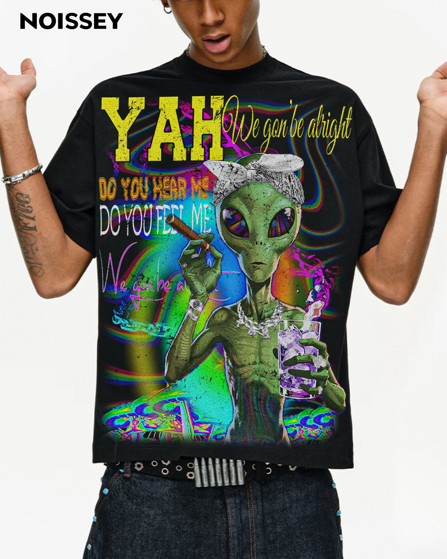 Boxy Oversized T-shirt with "YAH！We gon' be alright" Print