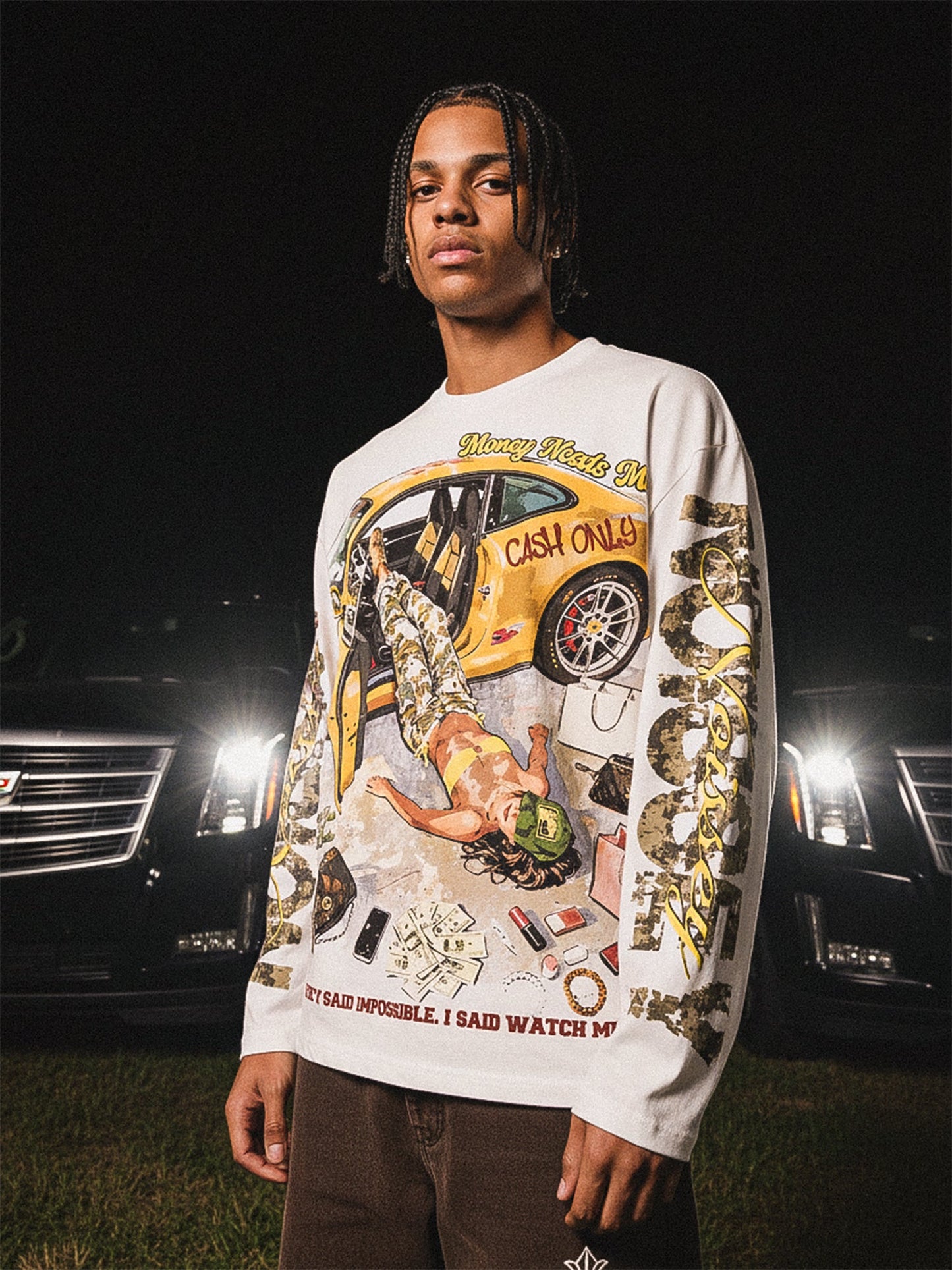 NOISSEY "Money Needs Me" Boxy Heavyweight Camo Art Long Sleeve - Cloud White