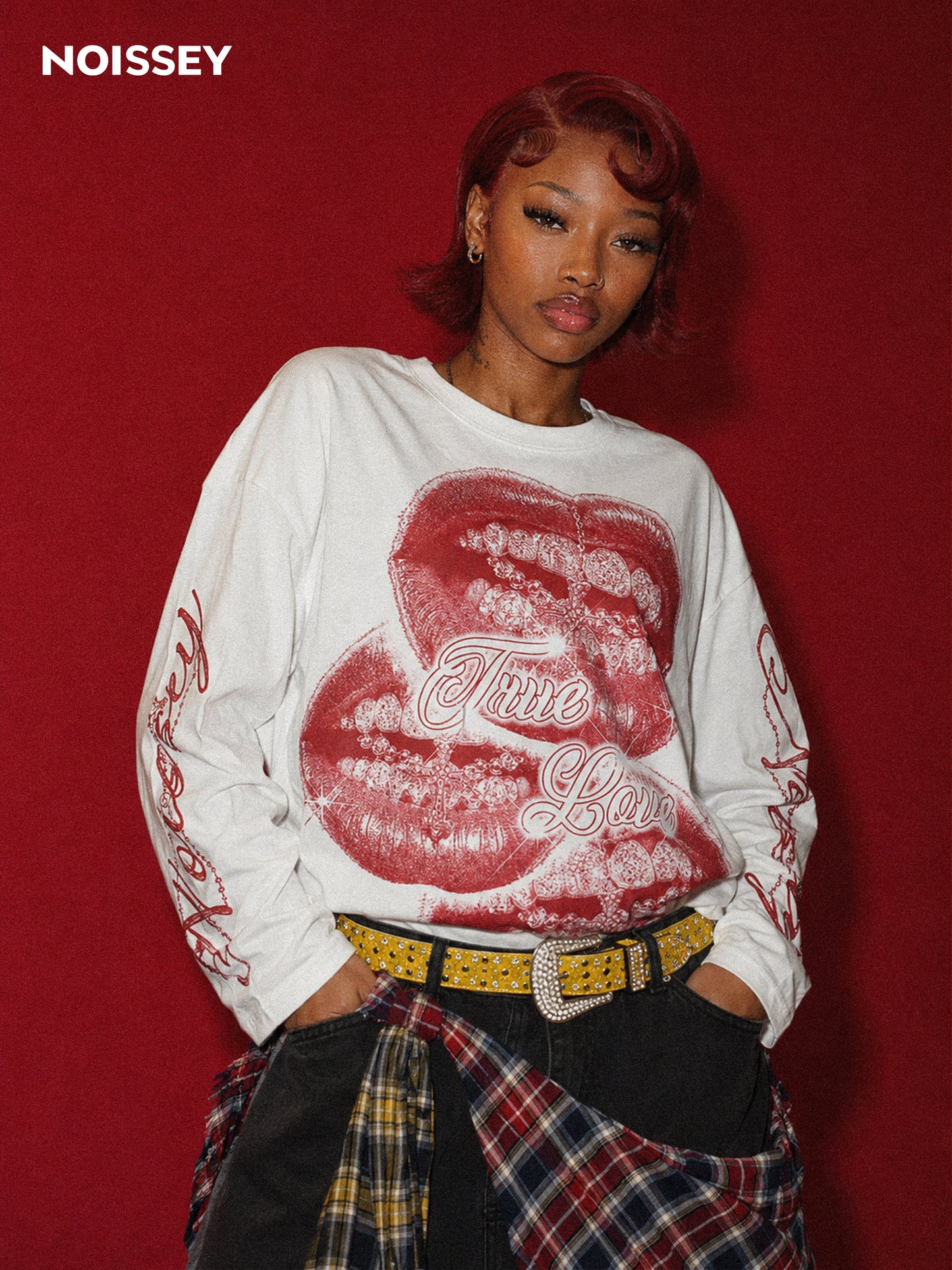 NOISSEY "True Love" Diamond Grillz & Cross Lips Graphic Long Sleeve Tee