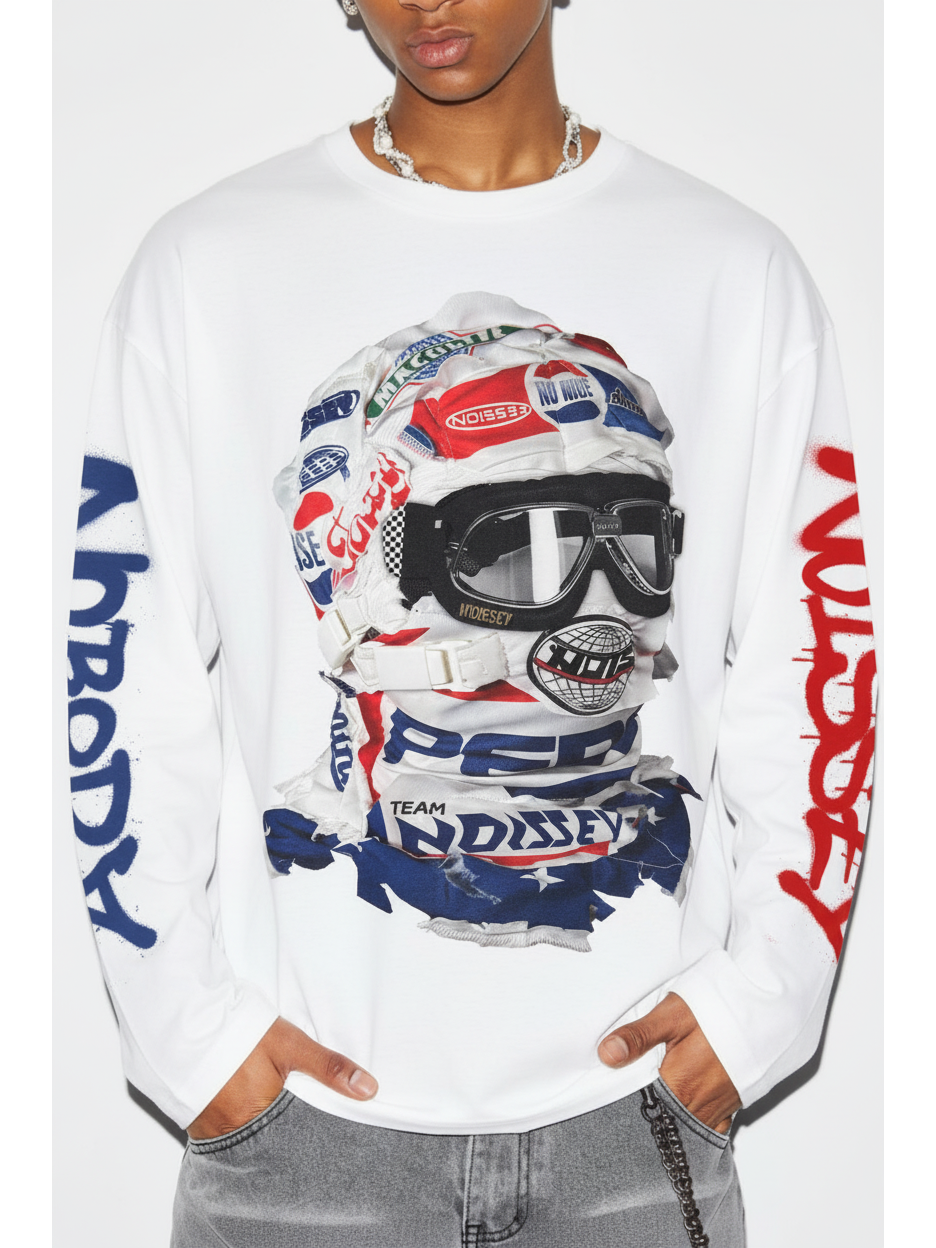 NOISSEY Speed Phantom Racing Mask Asymmetric Graffiti Long Sleeve Shirt - White