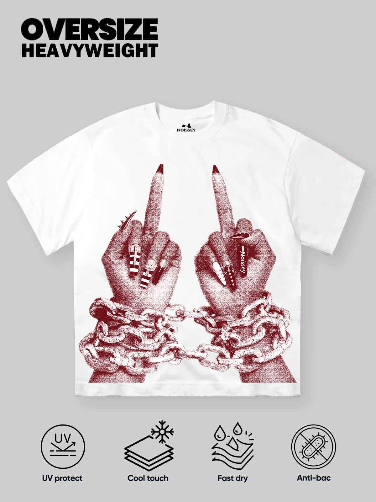 NOISSEY "Chained Rebellion" White Tee - Oversized Retro Red Graphic T-Shirt