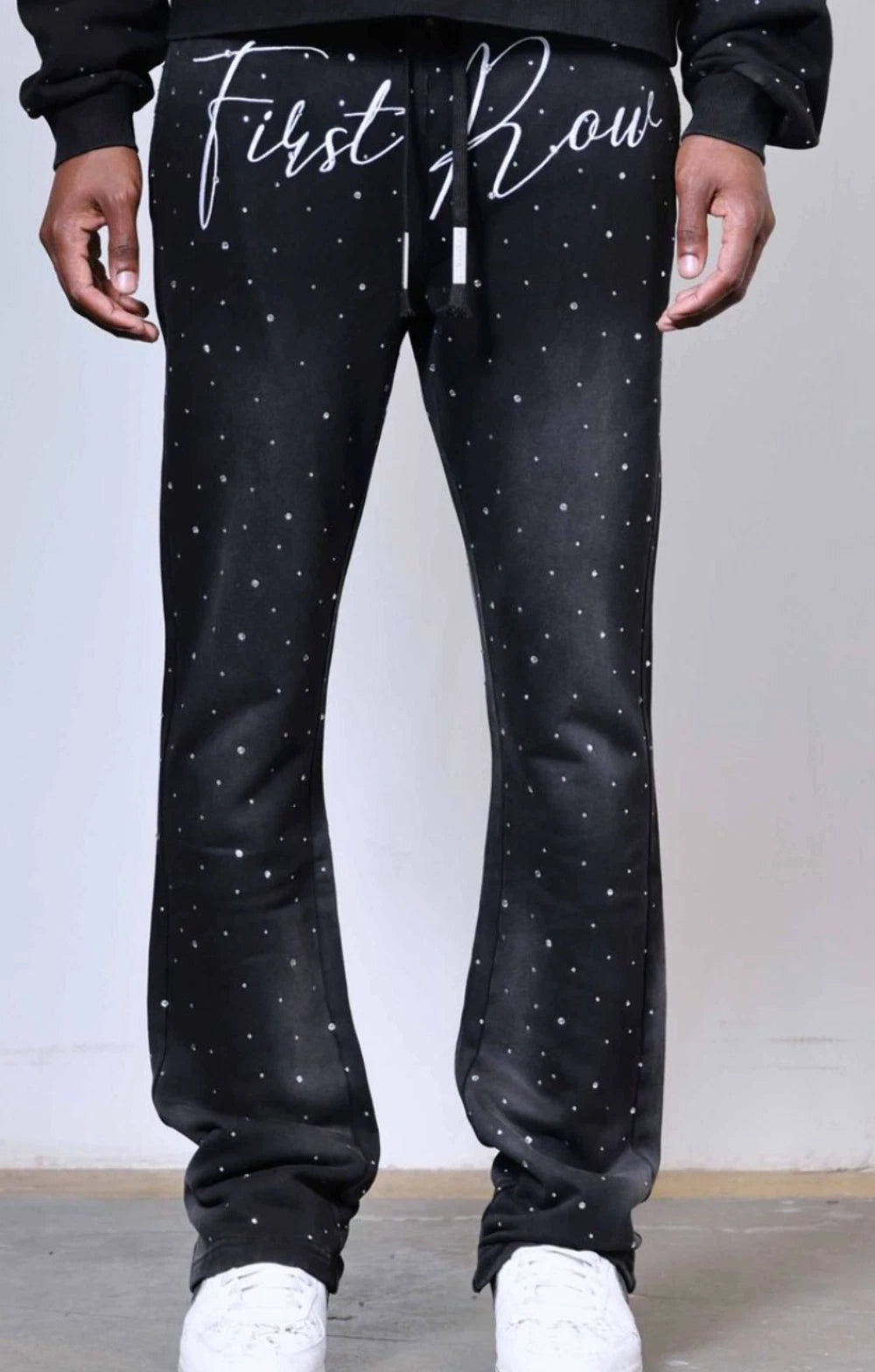 First Row Heavy Washed Stack Jogger Rhinestone “Black”